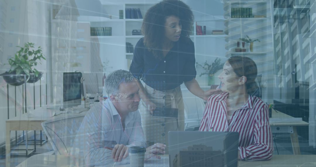 Professional Team Discussing Reports with Digital Overlay