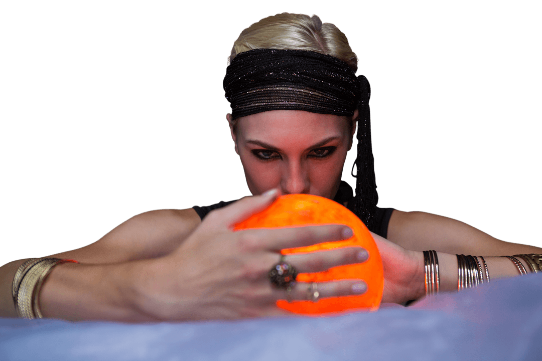 Mysterious Fortune Teller Gazing Into Illuminated Orb on Transparent Background