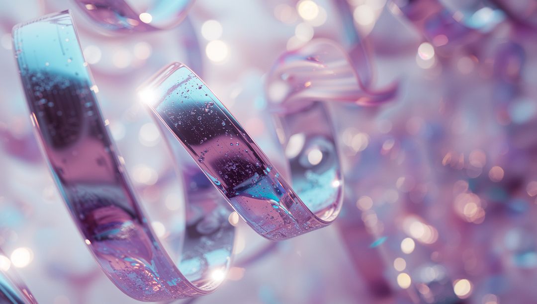 Ethereal Coiled Ribbon with Water Droplets in Digital Abstract Art