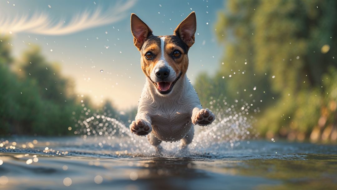 Energetic Tricolor Dog Splashes Across Forest River
