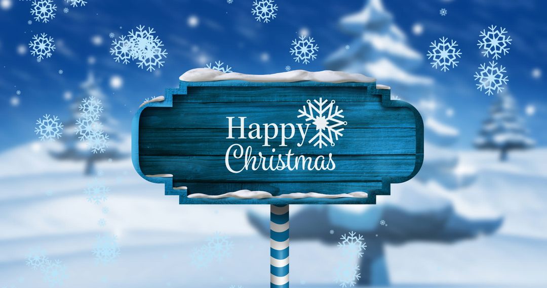 Happy Christmas Wooden Sign with Falling Snowflakes Over Winter Background - Free Images, Stock Photos and Pictures on Pikwizard.com