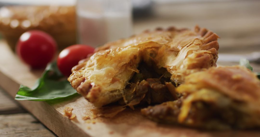 Delicious Homemade Meat Pie with Tomatoes and Basil on Rustic Surface - Free Images, Stock Photos and Pictures on Pikwizard.com