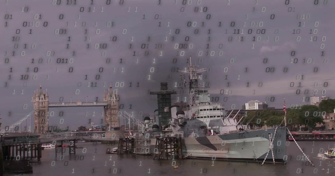 HMS Belfast Overlaid with Streaming Binary Code on Thames River