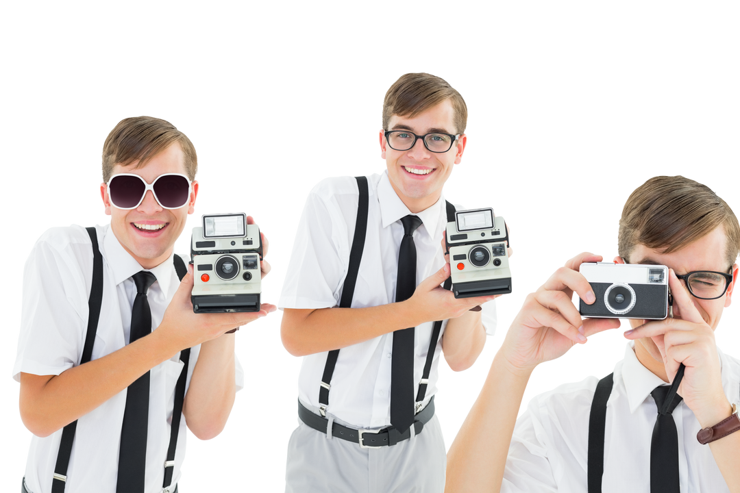 Transparent image of same man posing with retro film cameras - Download Free Stock Images Pikwizard.com