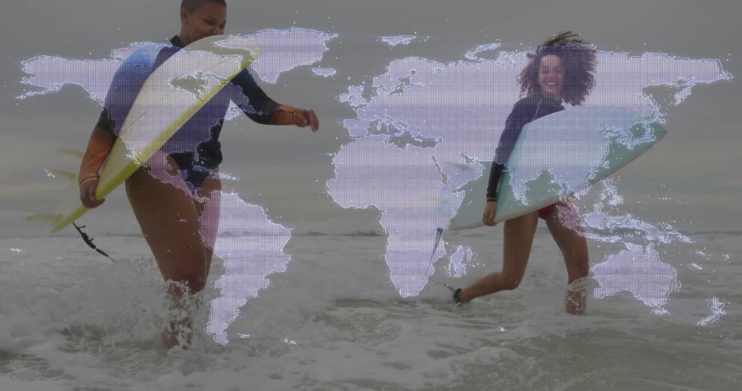 Surfing Friends Enjoying Beach Adventure with Global Connection Theme