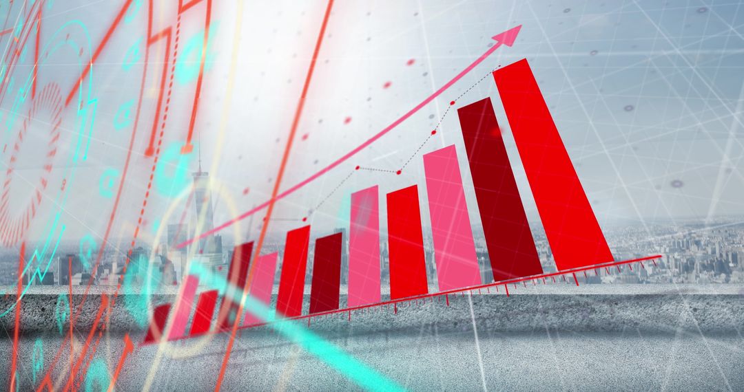 Red Bar Graph with Upward Arrow Overlay on Cityscape Background