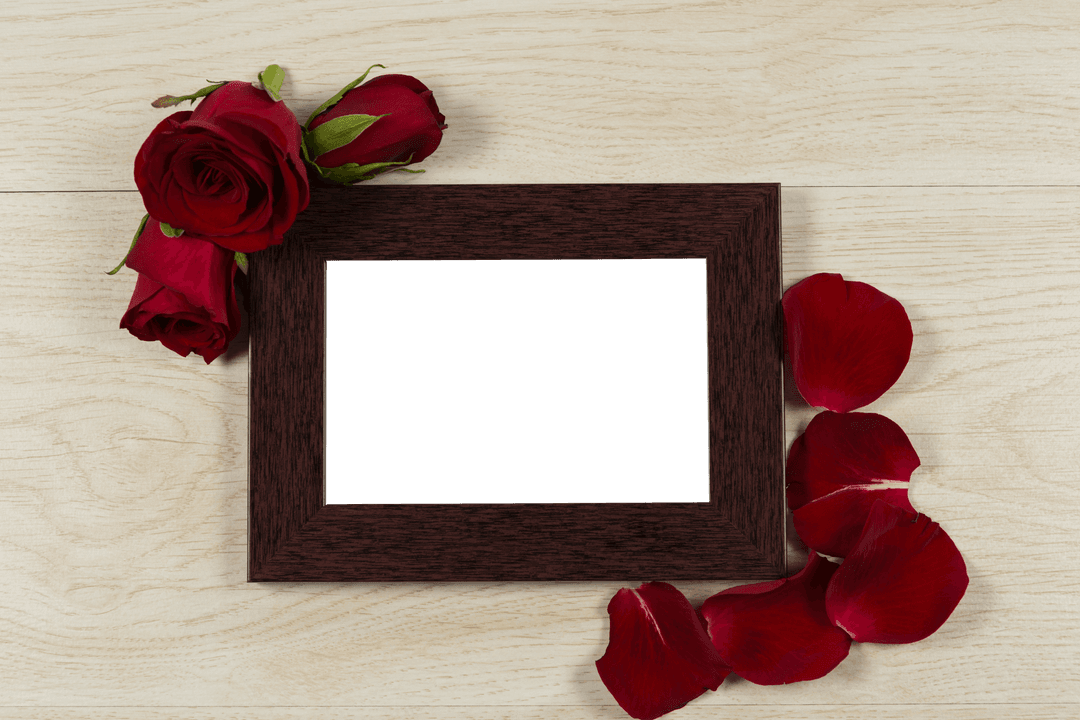 Transparent Frame with Red Roses on Wooden Background