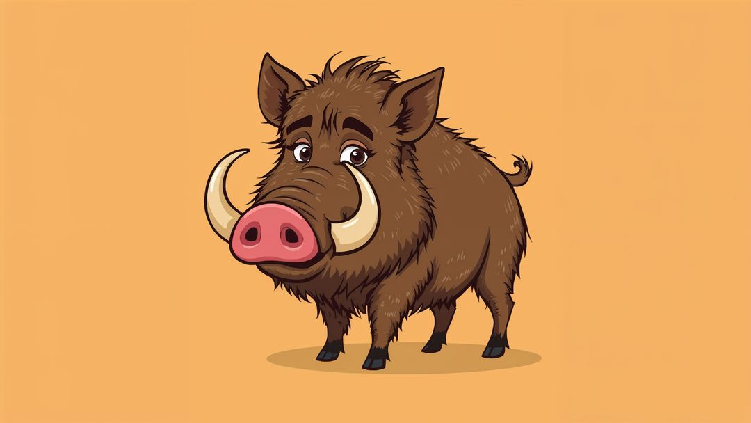 Cute Cartoon Wild Boar Illustration with Shaggy Fur and Tusks