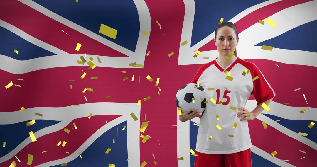 Female Soccer Player Celebrating in Front of UK Flag with Confetti - Free Images, Stock Photos and Pictures on Pikwizard.com