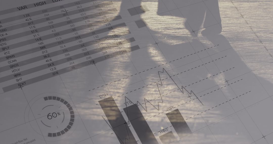 Business People Walking with Overlay of Financial Charts and Data