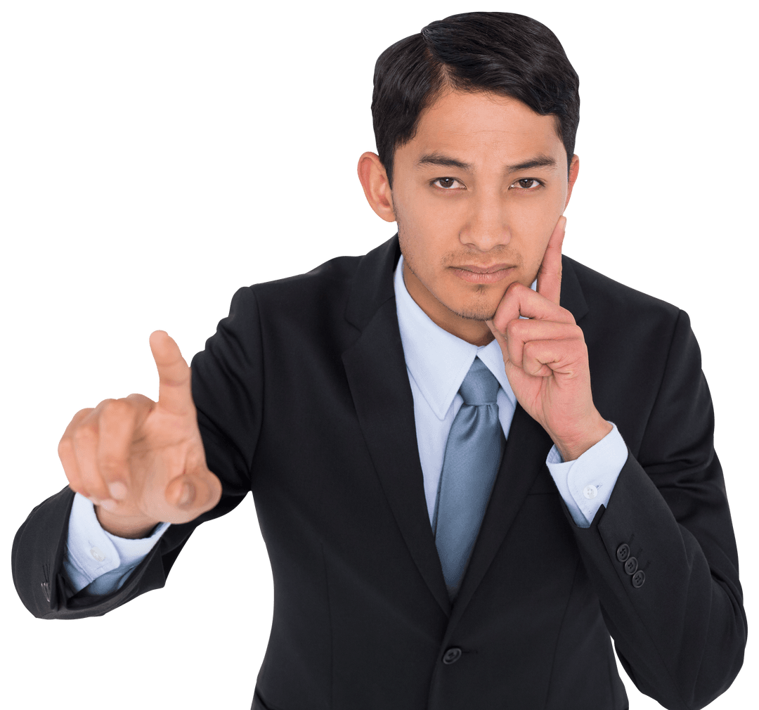 Focused Biracial Businessman Pointing on Transparent Background