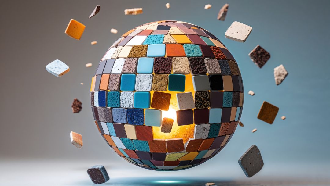 Glowing geometric sphere with multicolored floating tiles