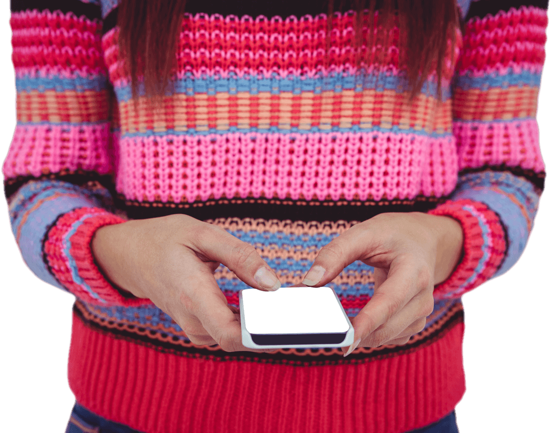 Transparent Midsection of Colorfully Dressed Woman Using Smartphone