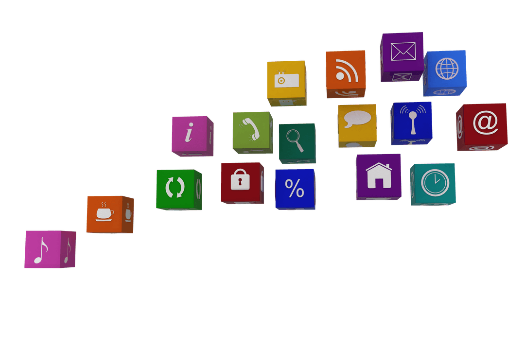 Colorful 3D Computer Icons on Transparent Background