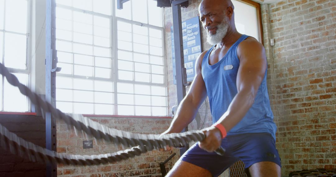 Senior African American Man Exercising with Battle Ropes in Gym - Free Images, Stock Photos and Pictures on Pikwizard.com