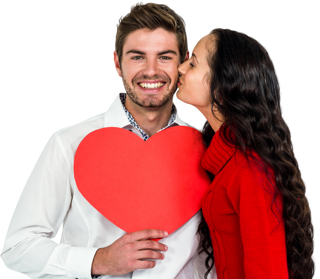 Smiling boyfriend with paper heart kissed by loving girlfriend on transparent background - Download Free Stock Images Pikwizard.com