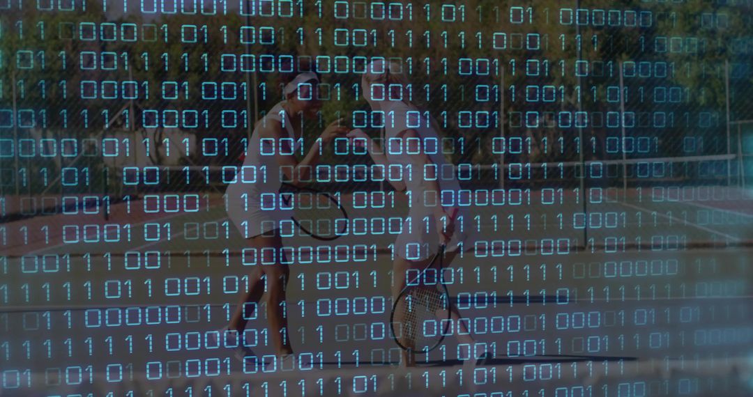 Binary Code Overlapping Tennis Friends on Court
