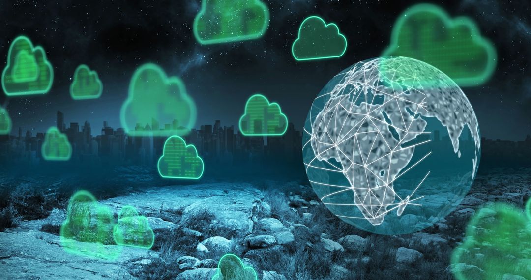 Futuristic Globe with Cloud Computing in Digital Cityscape