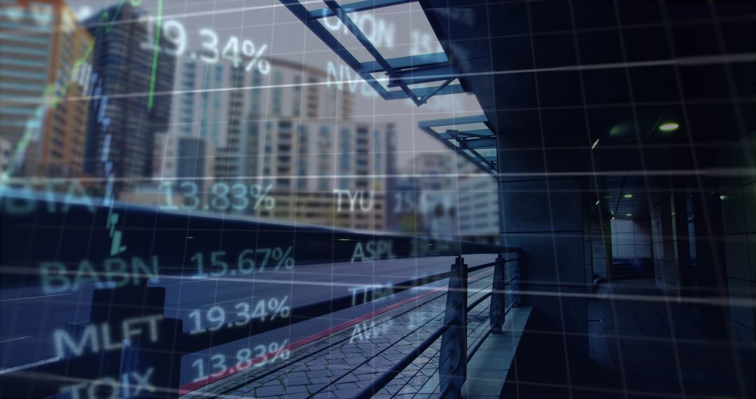 Digital Financial Data Overlaying Modern Cityscape