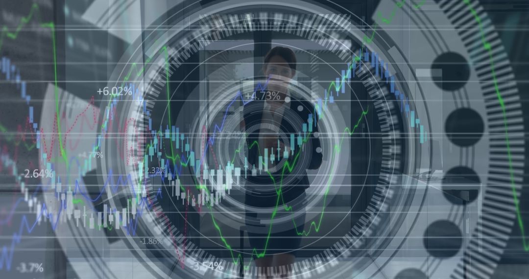 Businesswoman Analyzing Global Data Interfaces Traveling Through Office