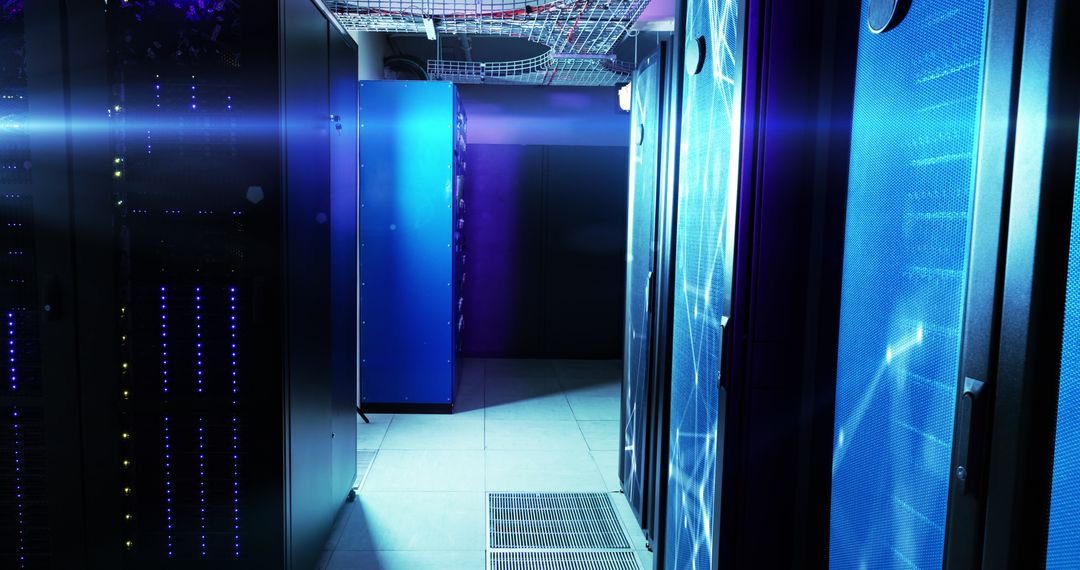 Futuristic Data Center with Dynamic Digital Overlay