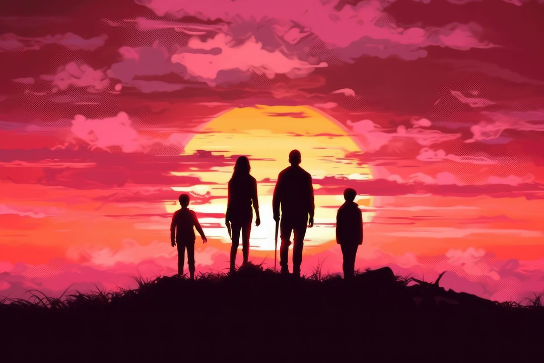 Family Silhouette Gazing at Sunset on Hilltop Illustration - Free Images, Stock Photos and Pictures on Pikwizard.com