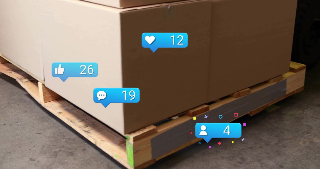 Cardboard Boxes with Floating Social Media Icons in Warehouse
