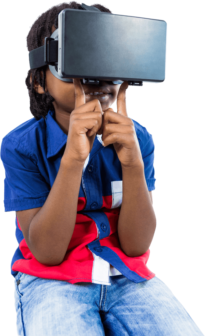 Curious Young Boy Wearing Virtual Reality Headset, Experiencing Digital World, Transparent