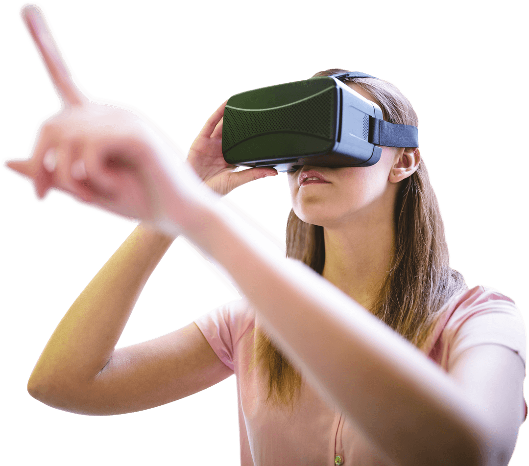 Caucasian Woman Engaging with VR Headset on Transparent Background