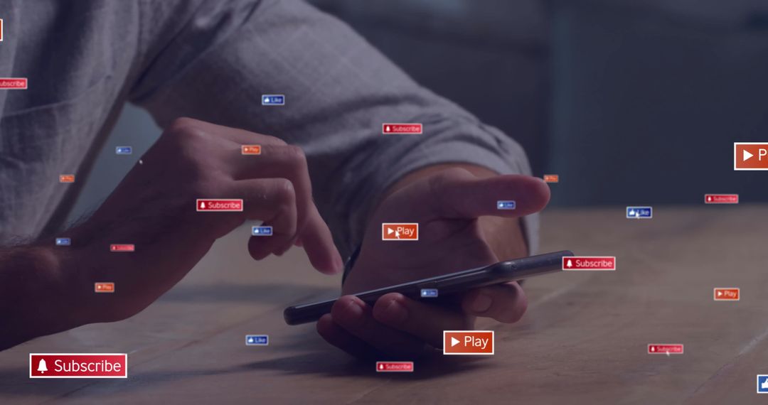 Hands Scrolling on Smartphone with Digital Media Icons Overlay