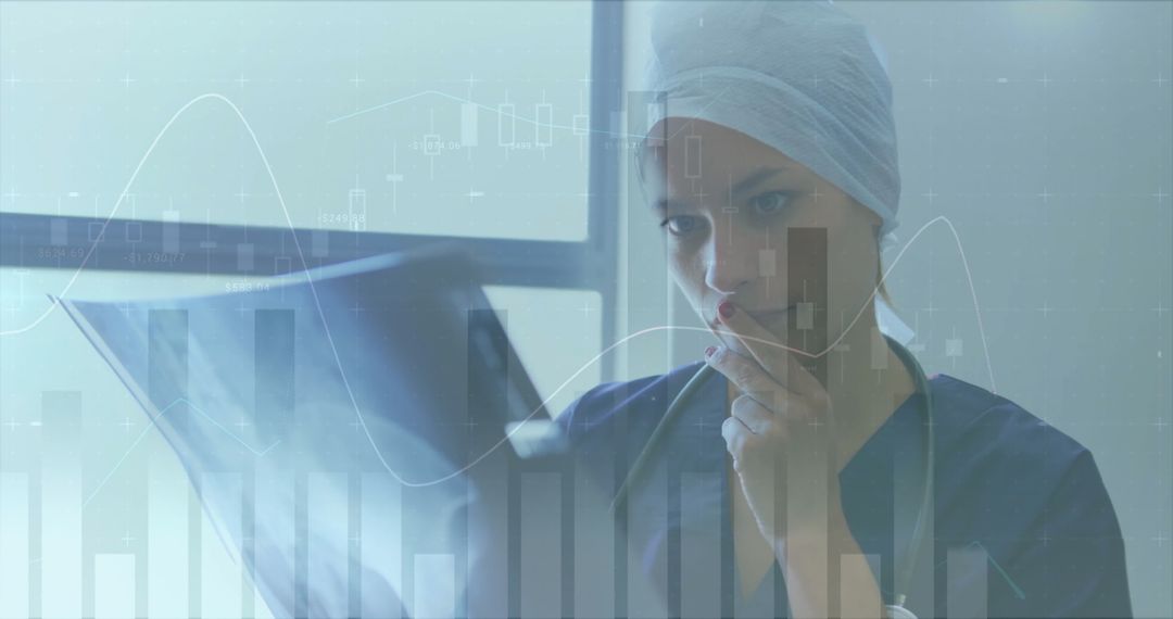 Surgeon Analyzing Data with Digital Overlay for Medical Insights