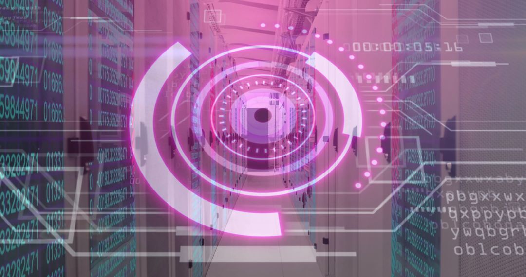 Futuristic Interface Over Data Center Aisle with Digital Overlay