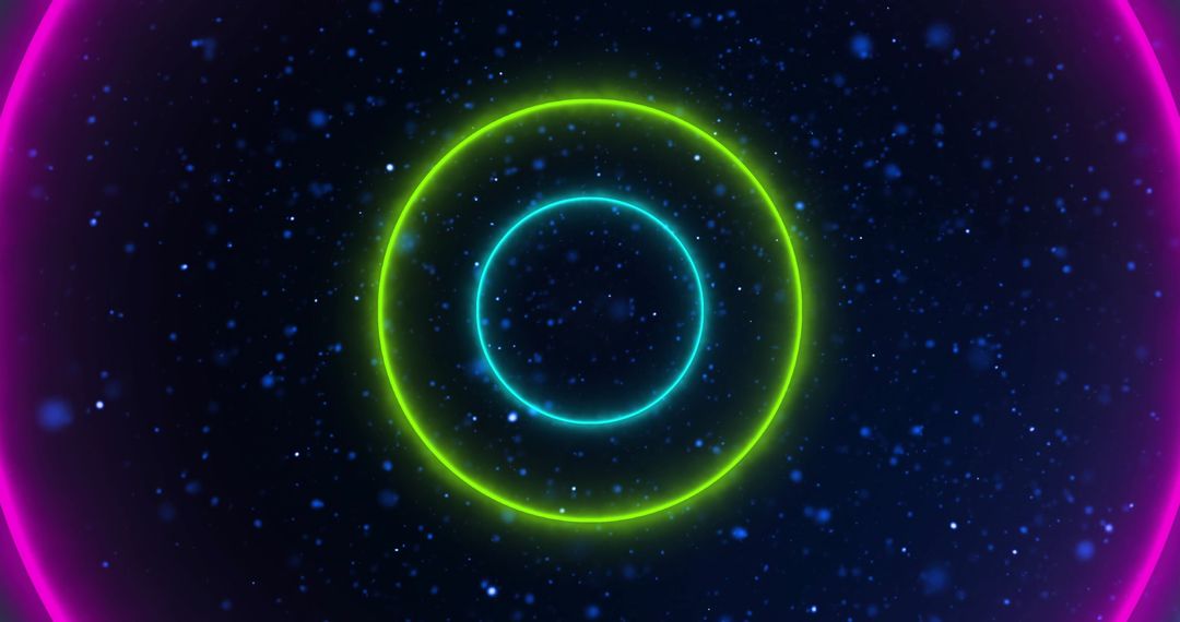 Vivid Neon Circles with Floating Blue Lights and Digital Elements