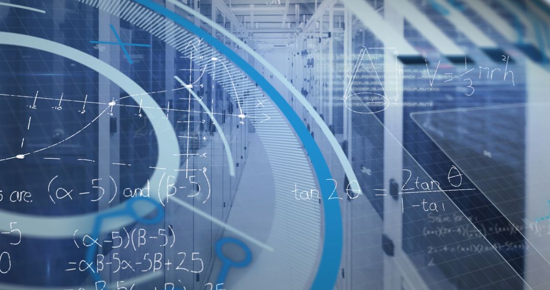 Data centers combined with mathematical formulas symbolizing informatics