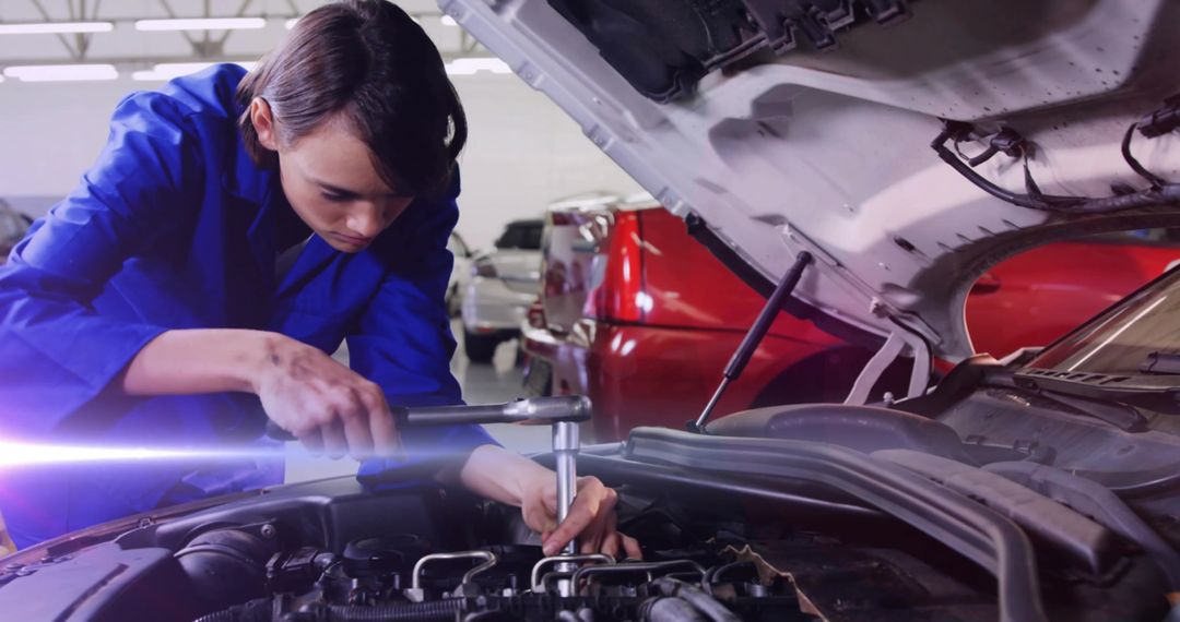 Female Auto Technician Adjusting Car Engine in Garage