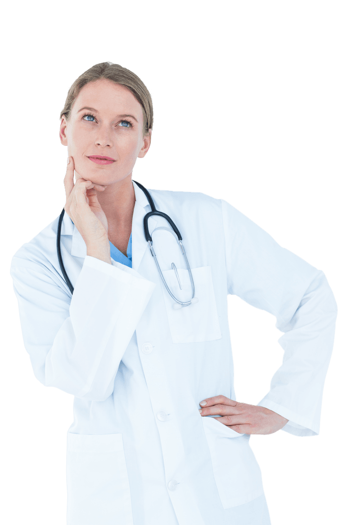 Thoughtful Doctor Pondering in White Lab Coat with Stethoscope