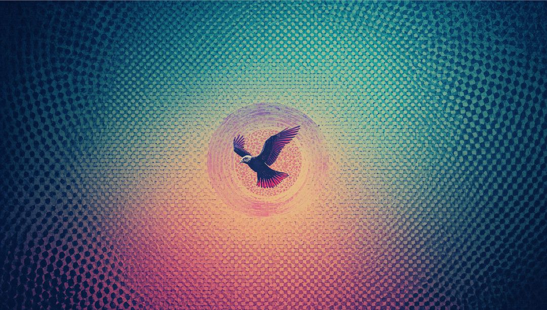 Vibrant Bird in Flight Over Textured Mosaic Gradient Artwork