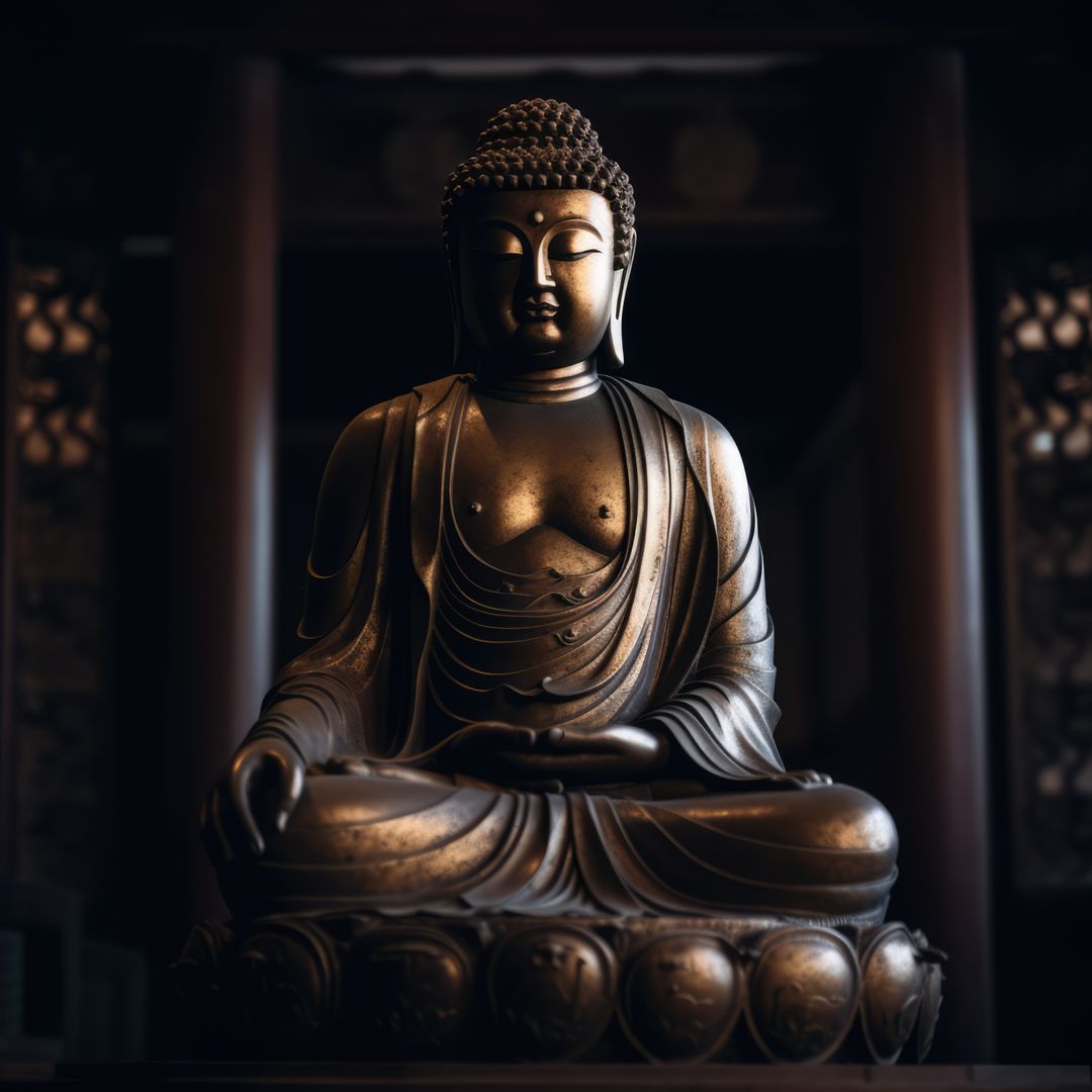 Serene Buddha Statue in Meditation Pose in Dimly Lit Temple - Free Images, Stock Photos and Pictures on Pikwizard.com