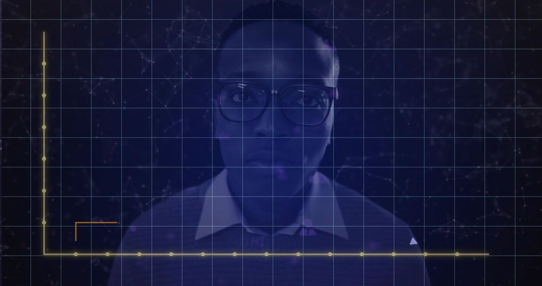 Professional man wearing glasses behind futuristic HUD grid with golden analytics overlay