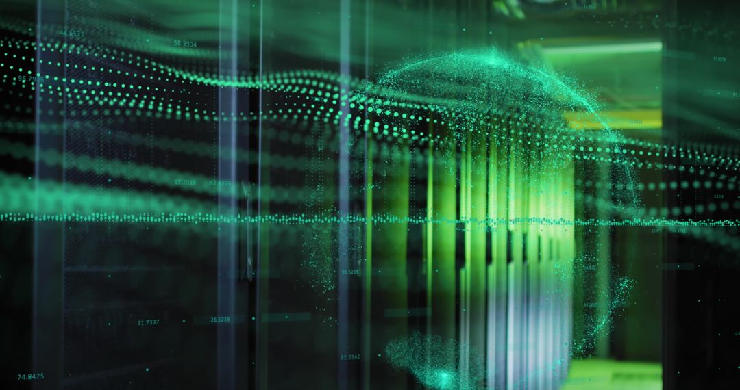 Green Digital Data Wave Flowing Through Server Room