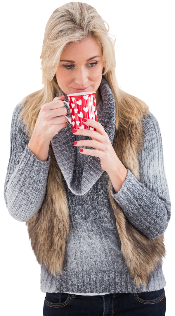 Transparent woman in winter clothes holding red mug - Download Free Stock Images Pikwizard.com