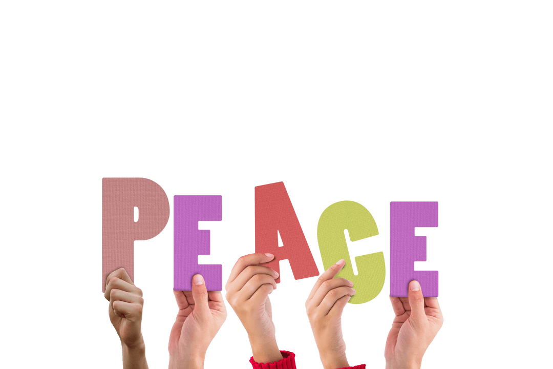 Hands Holding Transparent Peace Letters Sign with Bright Colors
