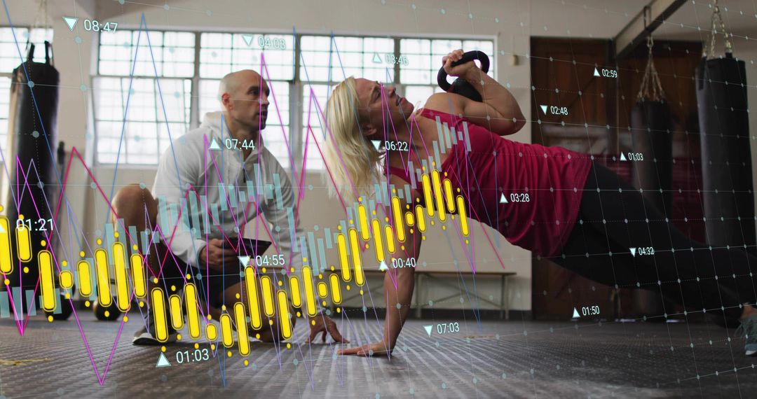 Woman performing one-arm kettlebell row with coach guiding and analytics overlay