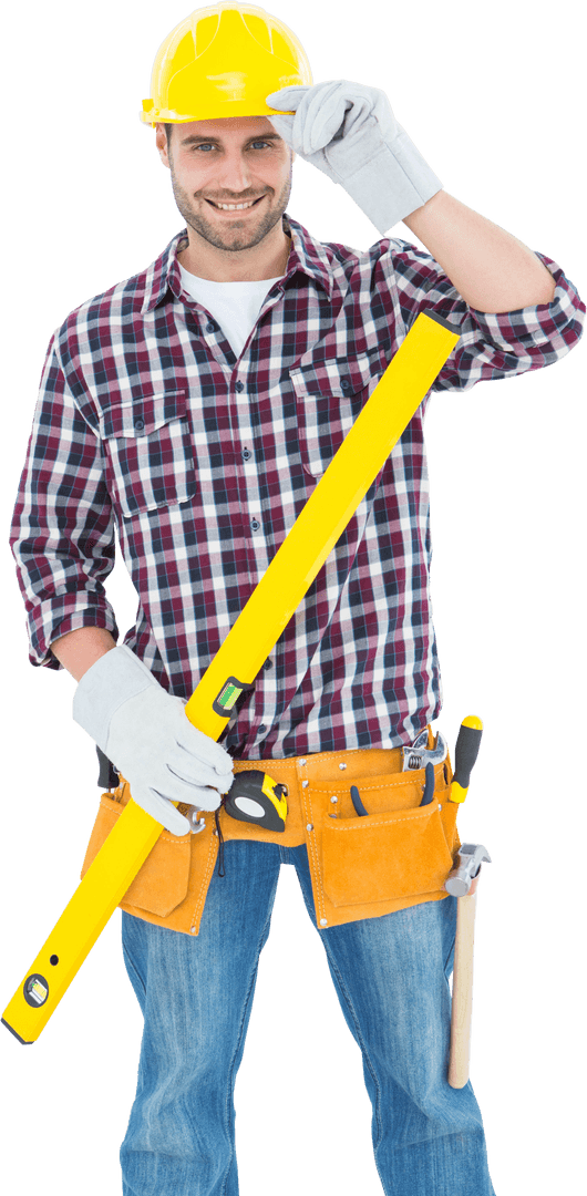 Transparent Confident Handyman Holding Spirit Level
