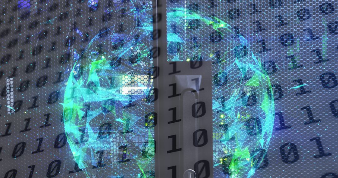 Binary Code Overlay on Globe and Server Room Illustration