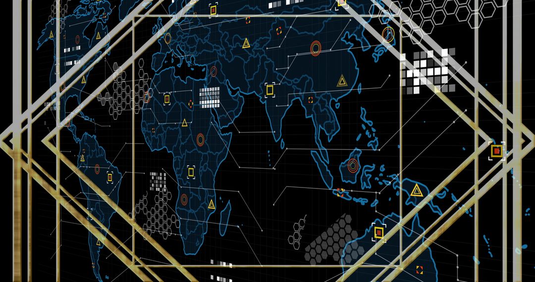 Futuristic Digital World Map with Glowing Nodes and Patterns