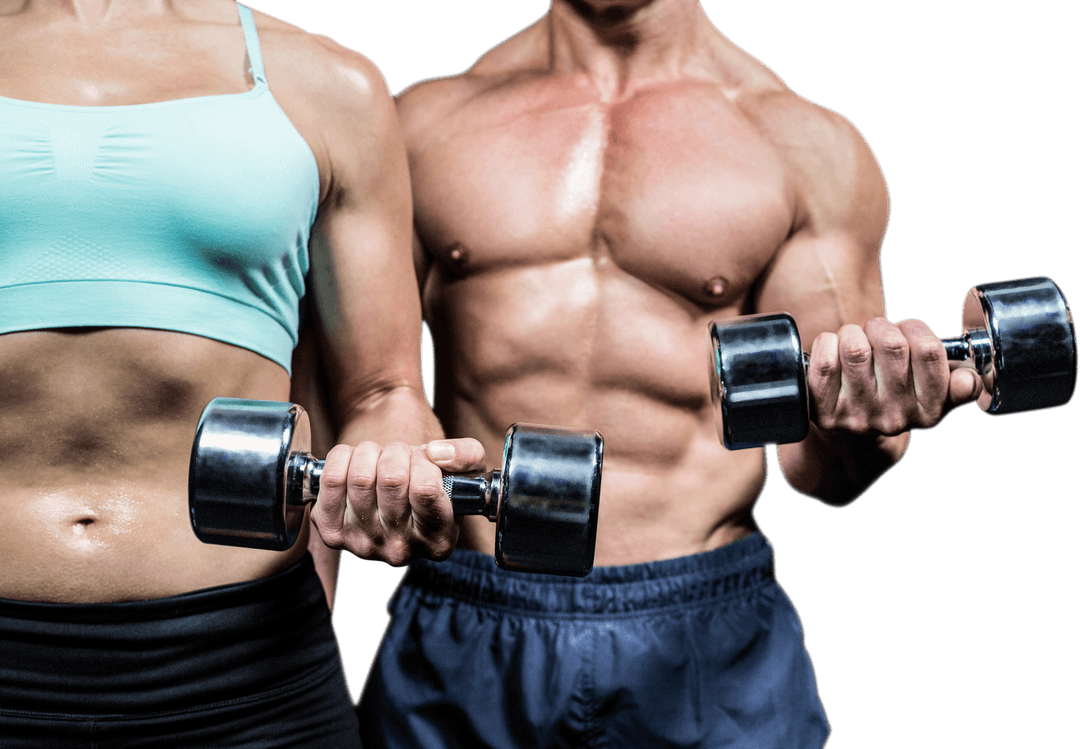 Transparent Fitness Couple Exercising with Dumbbells