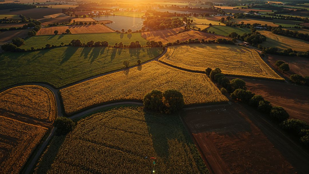 Aerial View of Scenic Farmland at Sunset with Fields and Hedgerows