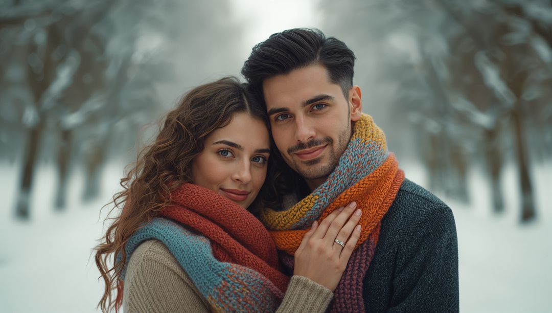 Elegant Couple Embracing Winter in Knit Scarves on Snowy Path