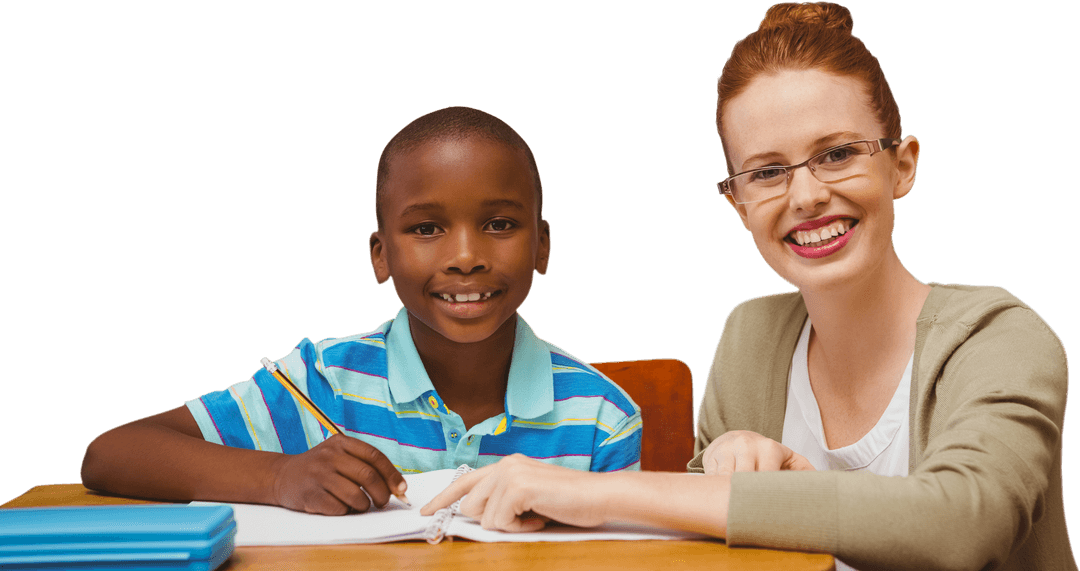 Diverse Boy and Female Teacher Smiling Together on Transparent Background